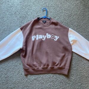 Playboy brown and white crew neck with flower sleeve detailing.